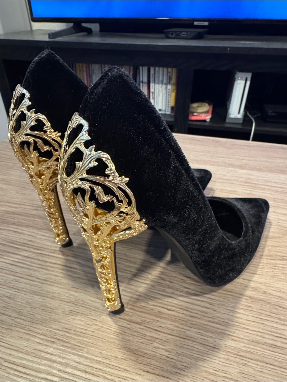 Shoe Dazzle Black Velvet Pumps with Ornate Gold Filigree Heels